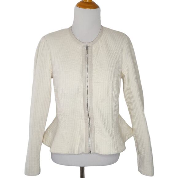 Rebecca Taylor Ruffle Hem Jacket Cream Leather Trim Quilted Zip Up Women 4 - Picture 1 of 15